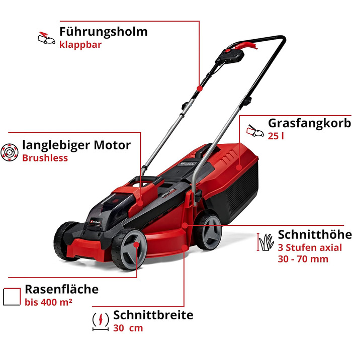 Бездротова газонокосарка Einhell City GE-CM 18/30 Li Kit Power X-Change (18 В, ширина скошування 30 см, до 150 м, безщіткова, травозбірник 25 л, висота скошування 30-70 мм, в т.ч. акумулятор 3,0 Ач зарядний пристрій) в т.ч. акумулятор і зарядний пристрій