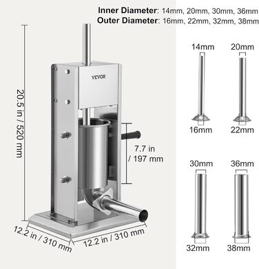 Машина для начинки ковбаси VEVOR 3L, професійна срібна ковбасна машина з нержавіючої сталі алюмінію, включаючи трубки для наповнення 37/30/21/15 мм, 2-швидкісна коробка передач Вертикальний ковбасний прес Ручний кривошип 3 л