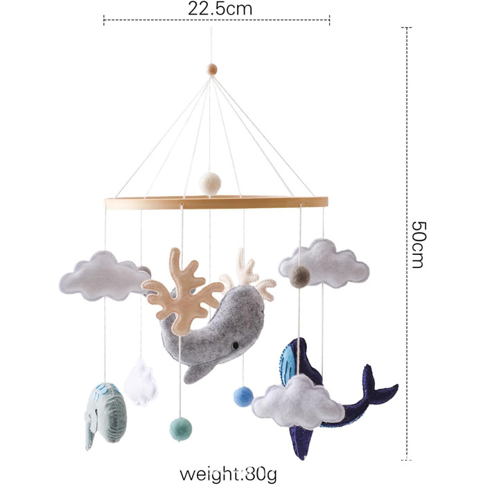 Дитяче ліжечко Мобільне дитяче дзвіночок вітру Валяні кульки Слон Жираф Лев Дитяча кімната Дерево В'язаний гачком мобільний кулон для новонародженого хлопчика Дівчинка (Морські істоти Хмари)