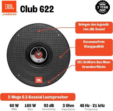 Набір 2-смугової автомобільної акустики JBL Club 622 від Harman Kardon - 180 Watt Pro коробки автомобільної акустики 16 - 17 см, чорний