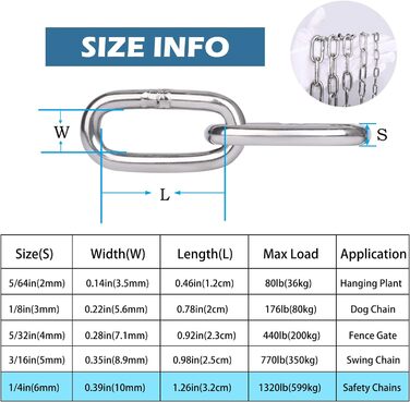 Подовжувач ланцюга Hannger з нержавіючої сталі - 5 м 3 мм Металеві підвісні котушки безпеки Міцний ланцюг до 80 кг Завантажуваний для тіньових вітрил Прикраса огорожі Намисто для собак Орнамент ліхтаря Повітряна йога (2 метри, Ø 6 мм)