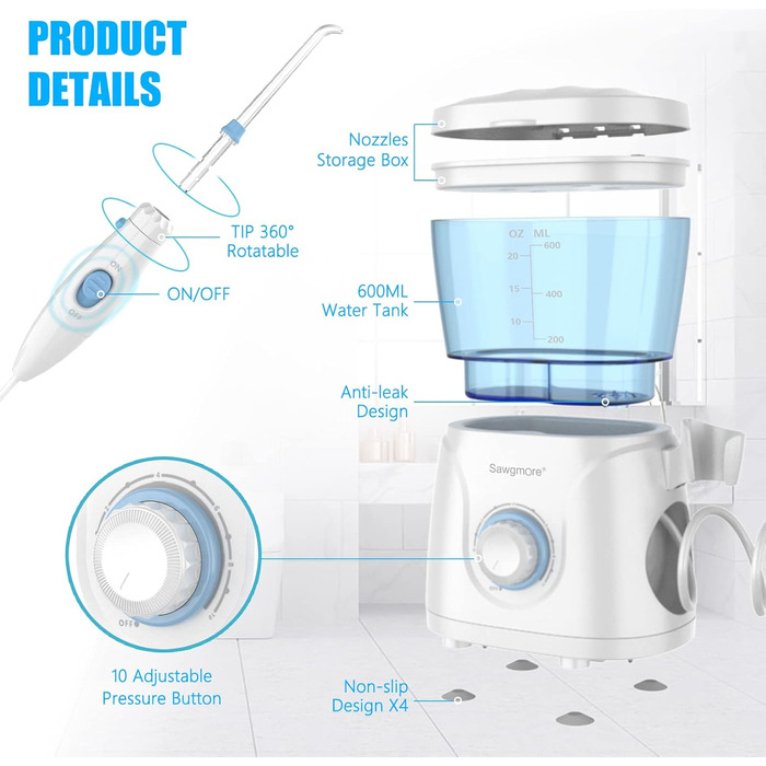 Електричний іригатор для порожнини рота Sawgmore з 10 рівнями тиску та 8 насадками, професійний водяний нитка для чищення Zantine, резервуар для води 600 мл, ідеально підходить для сімейного білого кольору
