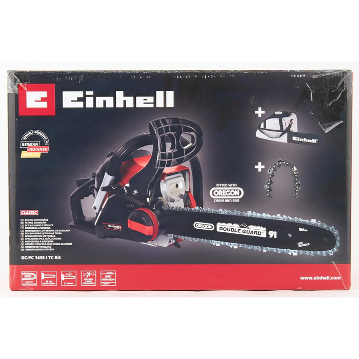 Бензинова бензопила Einhell GC-PC 1435 I TC Kit (1400 Вт, 41 см, пильний ланцюг OREGON та якісна шина 35 см, захист від віддачі з миттєвим гальмом ланцюга, натяг та заміна ланцюга без інструментів)