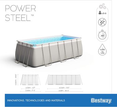 Набір басейнів Bestway Power Steel Frame з фільтруючим насосом 404 x 201 x 100 см, світло-сірий, квадратний