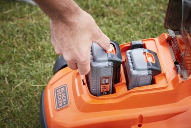 Акумуляторна газонокосарка BlackDecker BCMW33184L2 (живлення від 2 акумуляторів 18 В, 4,0 Ач, ширина зрізу 33 см, для газонів середнього розміру до 400 м, 5-позиційне регулювання висоти, в комплекті 2 акумулятора, зарядний пристрій)