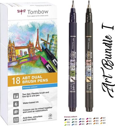 Ручка Tombow 18 Fiber Pen (основні кольори) Ручка з двома наконечниками ручка Fudenosuke Brush жорстка м'яка Акварельні, на водній основі, нетоксичні, без кислот і запаху