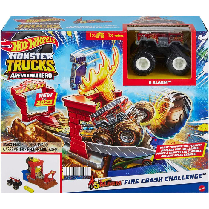 Ігровий набір Hot Wheels Monster Trucks Arena Smashers 5-Alarm Crash Challenge з 5 вантажівками та 1 машиною-розбишакою, HNB90