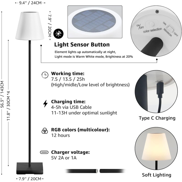 Сонячний торшер RWWR Outdoor з датчиком світла Торшер Садовий торшер Патіо Дистанційне затемнення 2-в-1 Акумуляторний 8 кольорів IP44 Ідеально підходить для патіо Балконний сад (квадратна підлога)