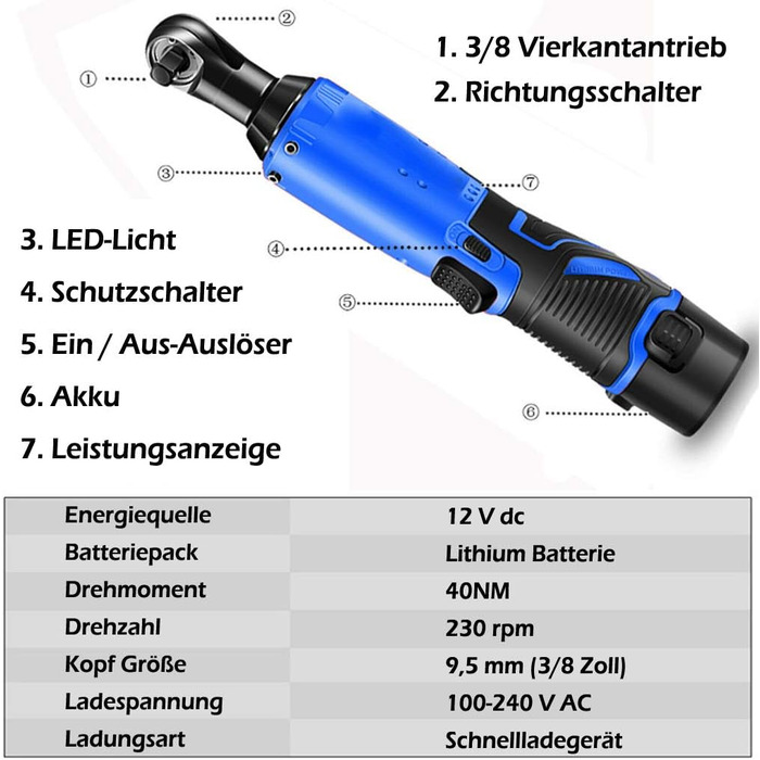 Набір електричних ключів з храповиком, акумуляторний ключ з храповиком на 3/8 з 2 батареями по 1500 мАг, набір інструментів з храповиком потужністю 40 Нм, 7 розеток та світлодіодне підсвічування