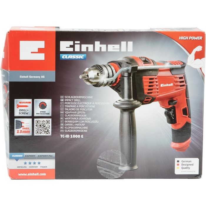 Ударний дриль Einhell TC-ID 1000 E (1010 Вт, свердління Ø деревини 32 мм, бетону 16 мм, металу 13 мм, металевий обмежувач глибини, міцний кільцевий патрон)