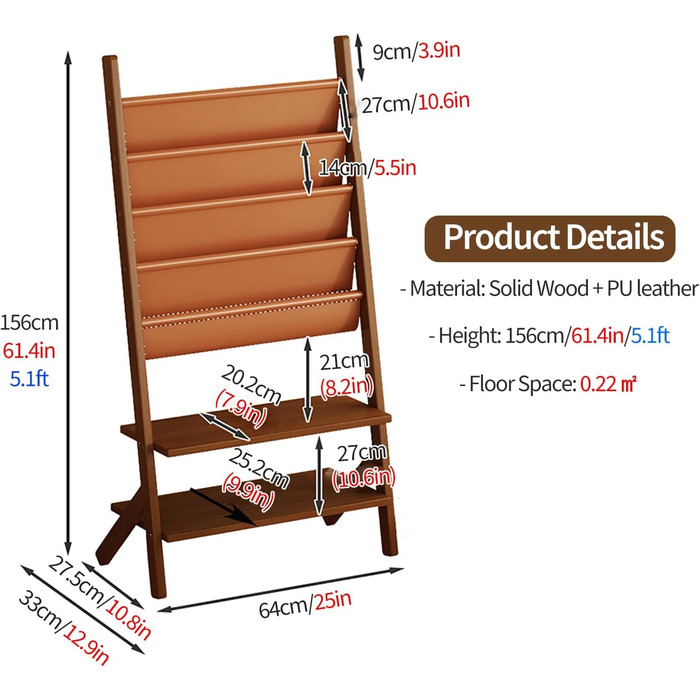 Стелаж для журналів Стелаж для брошур Стелаж для журналів з дерева для підлоги з PU-шкірою - Стелаж для газет і журналів для дітей з великою місткістю - Підлоговий стелаж для літератури, журналів Коричневий