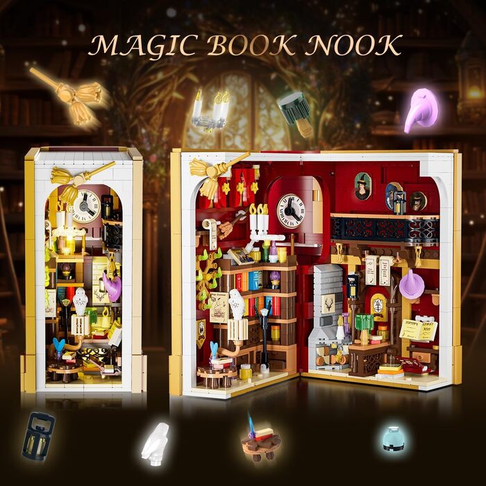 Набір конструкторів INSOON Magic Book Nook зі світлодіодним підсвічуванням, мініатюрна іграшка-держатель своїми руками 3,6 мм для домашнього декору та декорування полиць, 1015 елементів Міні-конструктор для дітей, дорослих, хлопчиків, дівчаток від 8 9 10