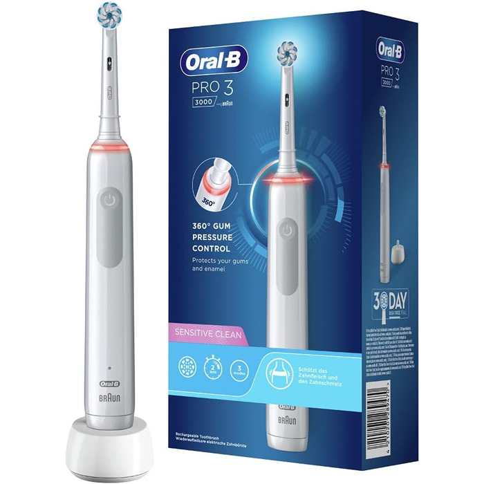 Електрична зубна щітка Oral-B PRO 3 3000 Sensitive Clean, з 3 режимами чищення, включаючи чутливий і візуальний контроль тиску на 360 для догляду за зубами, розроблений компанією Braun, білий