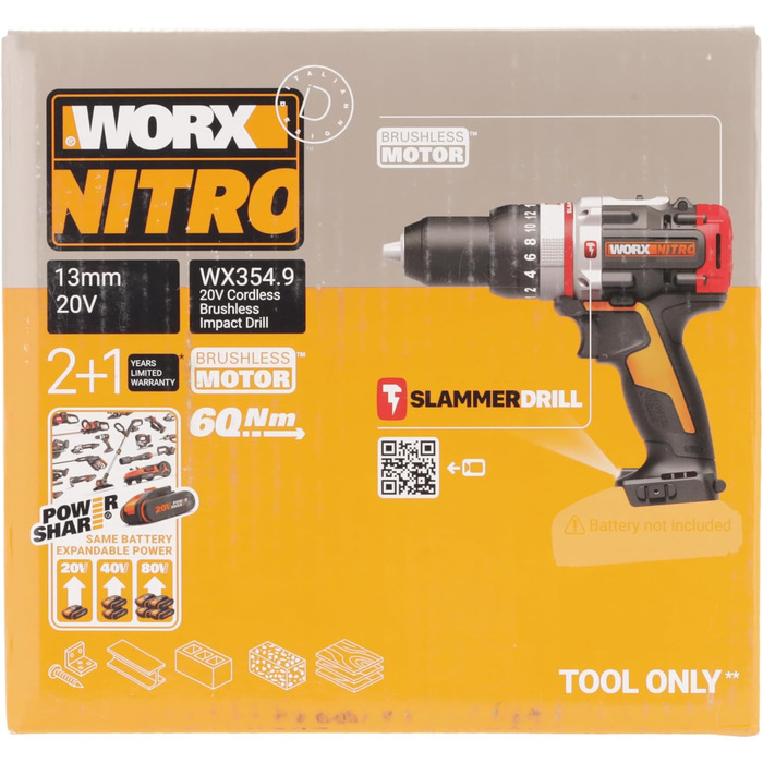 Акумуляторний ударний дриль WORX NITRO WX354.9 20В - безщітковий двигун - 18 налаштувань крутного моменту свердління та ударне свердління - 2-ступінчасте регулювання швидкості - 10 мм у залізобетоні - без акумуляторів та зарядного пристрою SlammerDrill бе