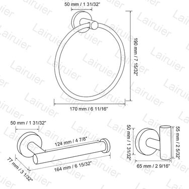Набір фурнітури для ванної кімнати Lairuier, 4 предмети, нержавіюча сталь SUS304, кільце для рушника, тримач для туалетного рушника та 2 гачки для халатів, настінний, фурнітура для ванної кімнати, матова нержавіюча сталь, Q1M-P4BR Матоване покриття