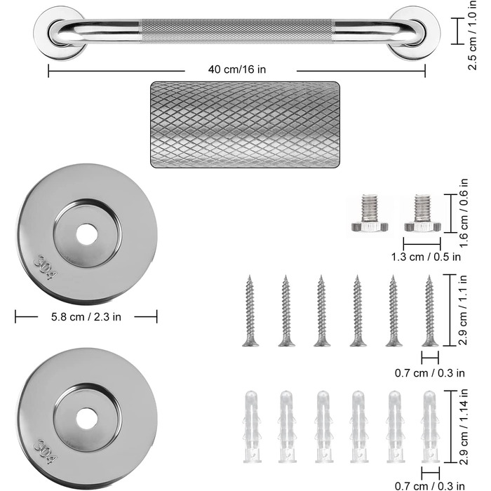 Поручень для ванної кімнати, 304 Поручень для ванної кімнати з нержавіючої сталі, нековзна ручка для ванної кімнати Запобіжна ручка Внутрішня/зовнішня допоміжна ручка для кухні Спальня Ванна, душ і сходинки, (60 см)