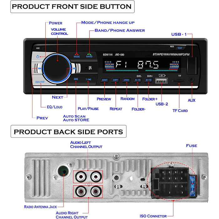 Автомобільна стереосистема Andven з Bluetooth гучного зв'язку, 1 DIN MP3-медіаплеєр/FM-радіо, підтримує карти AUX/TF/два USB