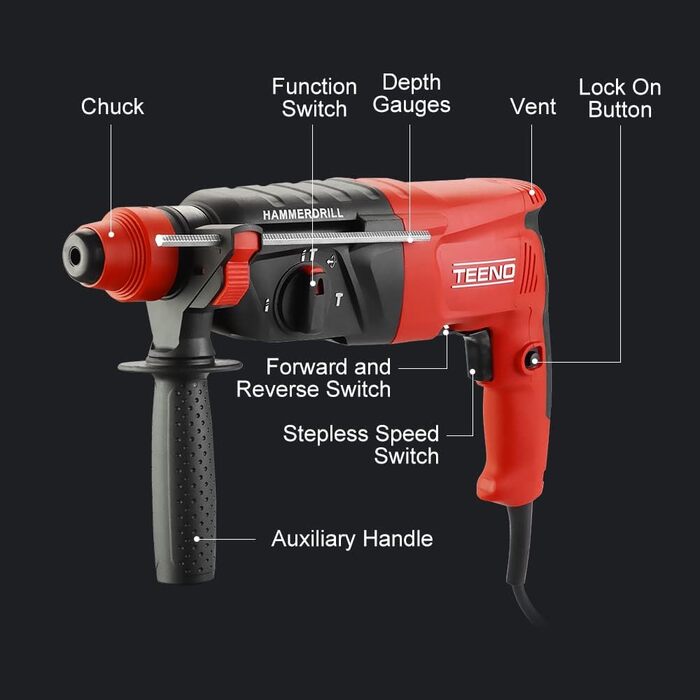 Перфоратор TEENO 800 Вт, SDS-plus та 0 - 900 об/хв, чотири режими, бетон 26 мм, сталь 13 мм, дерево 30 мм, цегляна кладка 68 мм