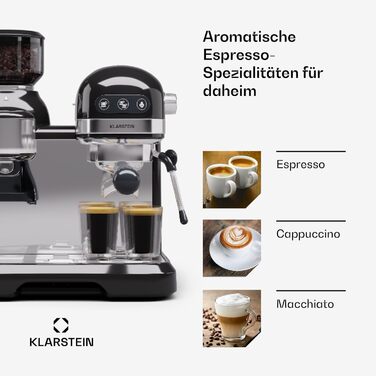 Портафільтр-машина Klarstein Espresso з піноутворювачем, ретро-міні-еспресо-машина 1,4 л з портафільтром, кавоварка 1550 Вт маленька, резервуар для молока 0,5 л, термоблок, кавоварка для капучино чорний