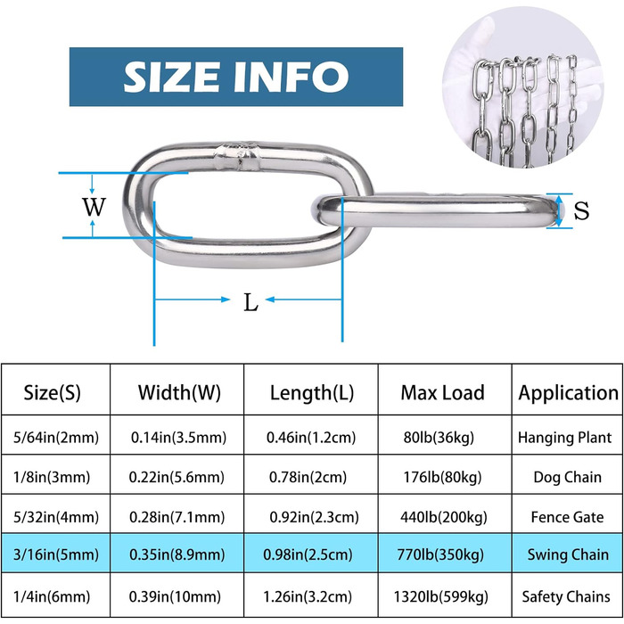 Подовжувач ланцюга Hannger з нержавіючої сталі - 5 м 3 мм Металеві підвісні котушки безпеки Міцний ланцюг до 80 кг Завантажуваний для тіньових вітрил Прикраса огорожі Намисто для собак Орнамент ліхтаря Повітряна йога (2 метри, Ø 5 мм)