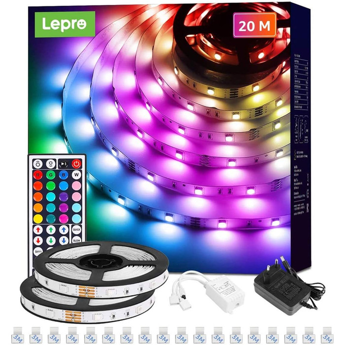 Набір світлодіодних стрічок Lepro RGB, 5050 SMD 150 світлодіодних стрічок, 12 В, світлодіодна стрічка самоклеюча, гнучка світлодіодна стрічка, світлодіодні ліхтарі IP20, барвиста світлодіодна стрічка з регулюванням яскравості, блок живлення та контролер у