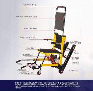 Електричне крісло-сходо, складне крісло колісне, транспортне складне крісло-сход для підйому та підйому, крісло для допомоги по сходах для транспортування пацієнтів похилого віку та інвалідів та вантажів, вантажопідйомність 330 фунтів