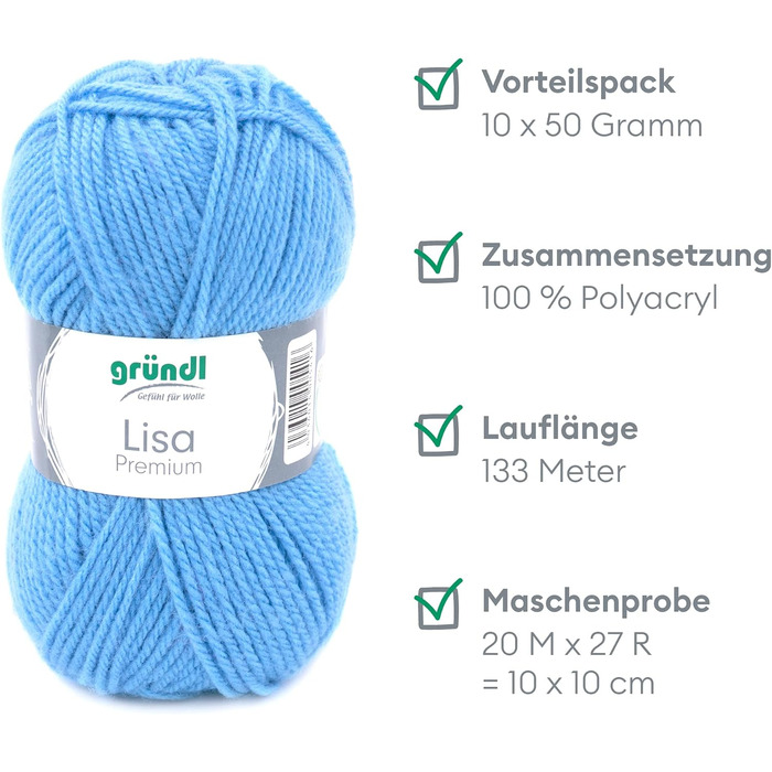 Пряжа Grndl Lisa Premium Uni Knitting & Crochet Yarn (м'яка і схожа на шерсть, проста в догляді пряжа для в'язання з 100 поліакрилу, 50 г/ 133 м, розмір голки 3,5 - 4,5, 10 клубків по 50 г кожен), (середній синій)