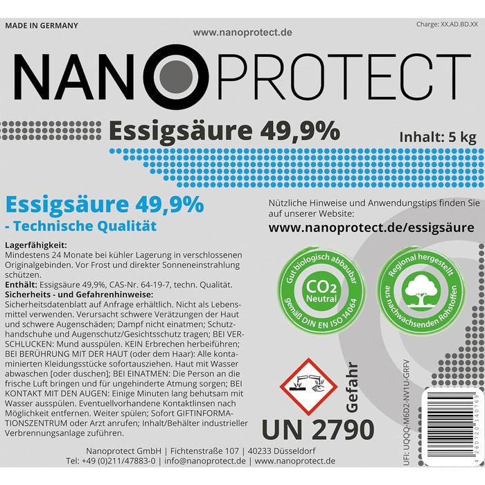 Оцтова кислота Nanoprotect У комплекті з розпилювачем під тиском Ідеальний засіб для чищення та видалення накипу Для дому та саду Преміум-якість - Зроблено в Німеччині, 10 кг