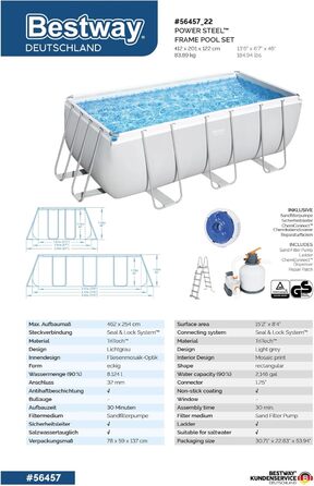 Набір басейнів Bestway Power Steel Frame з системою піщаних фільтрів 412 x 201 x 122 см, світло-сірий, квадратний