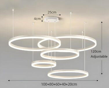 Металева світлодіодна люстра WayLuoung 3 кола 204060см Стельовий підвісний світильник з кільцями 45 Вт, пульт дистанційного керування з регулюванням яскравості 3000-6000K, підвісний світильник з акриловим абажуром, вітальня Спальня Фойє Їдальня (Білий, 51