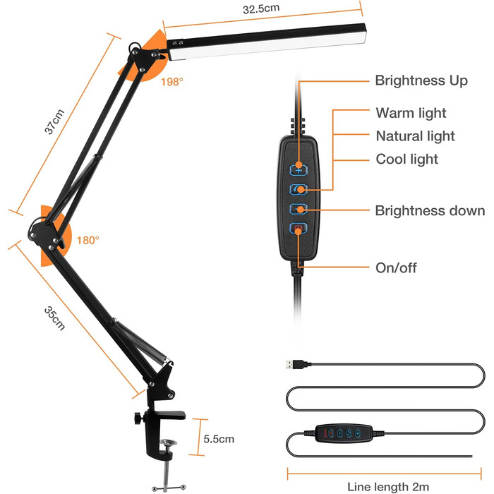 Настільна лампа innislink світлодіодна, настільна лампа 10 Вт Затискна архітектурна лампа Поворотний кронштейн Затискач робочого світла Лампа з можливістю затемнення 3 кольорові 10 яскравості USB Захист очей Настільна лампа для офісного навчання читання