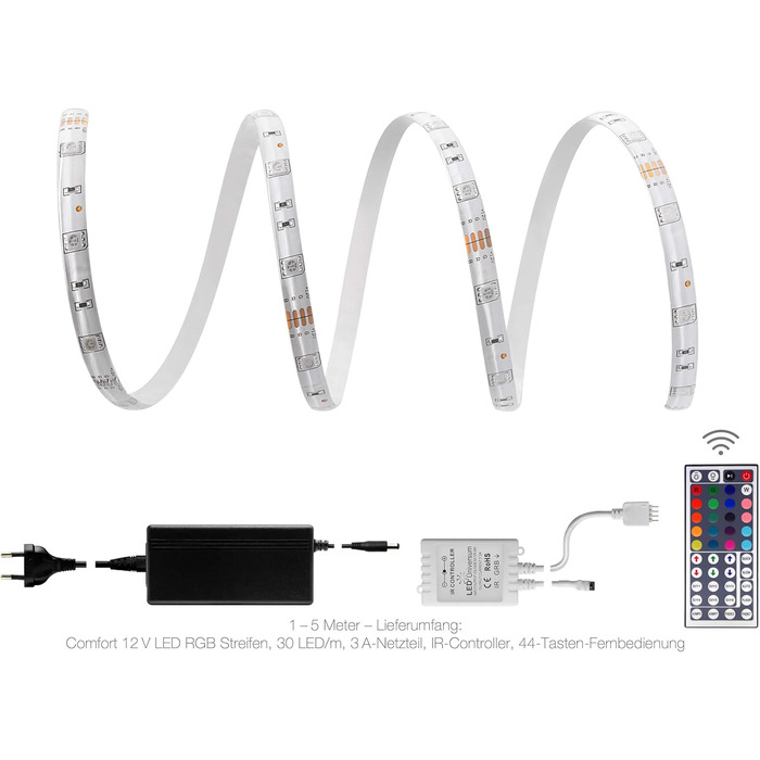 Метровий комфортний набір світлодіодних стрічок RGB з блоком живлення, контролером та 44-клавішним інфрачервоним пультом дистанційного керування, 30 світлодіодів/м, IP65, 12 В, 5050 SMD, 7,2 Вт/м, для вітальні, спальні, балкона, тераси, 3-