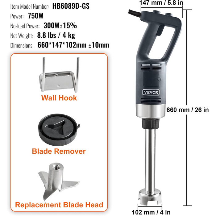Електричний ручний блендер VEVOR 750 Вт, високопродуктивний ручний блендер з регульованою швидкістю, багатоцільовий ручний блендер з нержавіючої сталі 660 мм знімний стрижень для перемішування, в т.ч. настінний гачок і запасна головка леза 750 Вт-660 ММ
