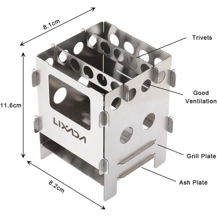 Дров'яна піч для кемпінгу Lixada з нержавіючої сталі / титану, складна портативна піч для бомжів з сумкою для зберігання, міні-карбюратор на дровах для кемпінгу на природі, походів, пікніків, барбекю тощо, 8,2 * 8,1 * 11,6 см
