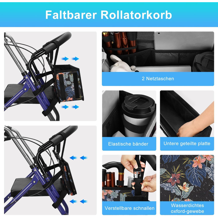 Сумка-рулонщик/кошик для роликів, сумка-органайзер для аксесуарів Rollator великої місткості з кількома кишенями, універсальна водонепроникна сумка для зберігання, аксесуари для ролаторів для людей похилого віку Чорний квітковий