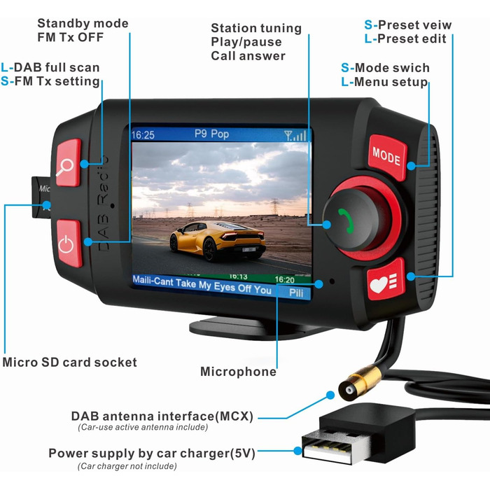 Радіоадаптер DAB/DAB для автомобільної стереосистеми Bluetooth гучного зв'язку, 2,4-дюймовий РК-дисплей Портативне радіо DAB з FM-передавачем TF Play AUX-Out Цифрове радіо Автомобіль