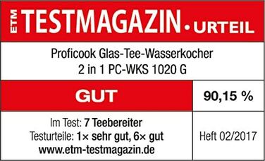 Скляний чайник ProfiCook 1,7 літрів Корпус зі скла/нержавіючої сталі Від 70 C до 100 C 3000 Вт макс. прогумована ручка Фільтр для чаю з нержавіючої сталі Функція збереження тепла ПК-ВК 1020 Г