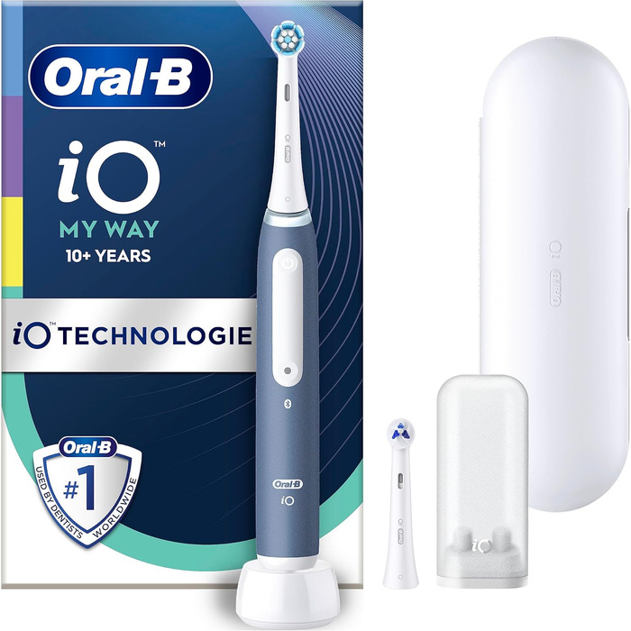 Електрична зубна щітка Oral-B iO My Way від 10 років, 4 режими чищення для догляду за зубами, додаткова щітка для брекетів, 1 дорожній кейс, дизайн Braun, океанічний синій з дорожнім кейсом