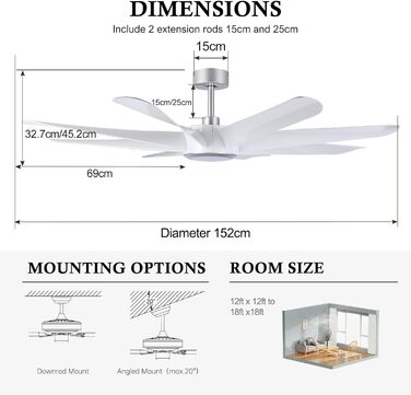 Стельовий вентилятор OFANTOP білий з освітленням і пультом дистанційного керування, стельові вентилятори, 6 швидкостей, безшумний стельовий вентилятор, сумісний з Alexa/Google Home (152 см, білий і сріблястий)