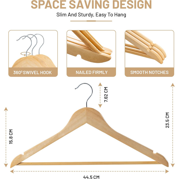 Вішалки LUX Decor з дерева, неслизькі, з гачком, що обертається на 360, гладка поверхня, зносостійкі, натуральний колір, вішалки для піджаків, сорочок, штанів, 20 шт. в упаковці 20 шт.