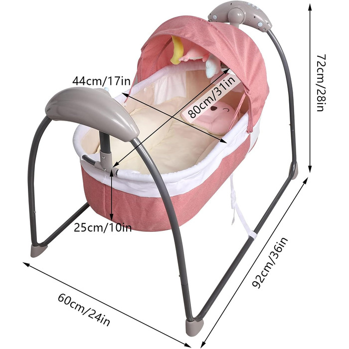 Електрична дитяча шезлонгова з автоматичною дитячою люлькою з Bluetooth та інтелектуальним хронометражем 3 налаштування швидкості для менш ніж 14 місяців (рожевий)