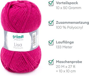 Пряжа Grndl Lisa Premium Uni Knitting & Chet Yarn (м'яка і вовняна пряжа, проста в догляді миється трикотажна пряжа з 100 поліакрилу, 50 г/ 133 м, розмір голки 3,5 - 4,5, 10 клубків по 50 г кожен), (фуксія)