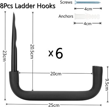 Міцний гачок для зберігання в гаражі 25 см, 6 гачків для драбини із захистом EVA, вішалки для приміщень та вулиці, органайзери для драбин, стільців, велосипедів (23 см x 25 см)