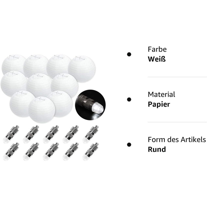 Білі паперові ліхтарі (різних розмірів) з 12 шт. теплими білими міні-світлодіодними повітряними кулями, круглим абажуром Паперовий ліхтар Прикраса під час весілля (25 см зі світлодіодом, білий), 12 шт.