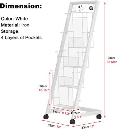 Підлогова підставка для журналів, 4-рівнева стійка для брошур з колесами, портативна стійка для зберігання інформації для комерційних офісів (Колір Білий) Білий