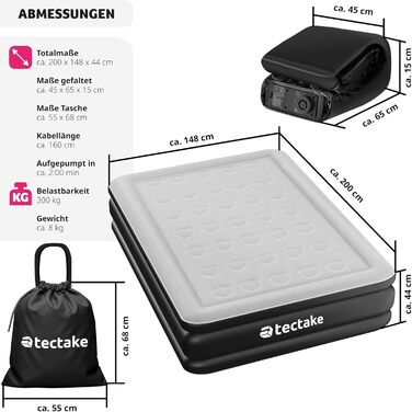 Надувний матрац TECTAKE, матрац для сну, ліжко з електронасосом, надувний матрац самонадувний, надувне ліжко, дорожнє ліжечко для кемпінгу, як гостьове ліжко, з сумкою для транспортування - 200 х 148 х 44 см
