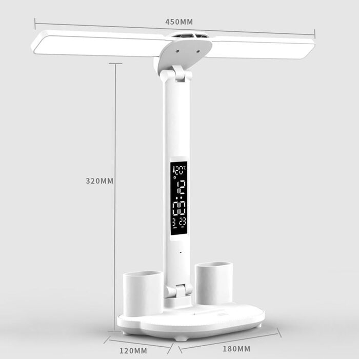 Подвійний поворотний кронштейн LED настільна лампа з USB-портом Годинник настільна лампа 3 рівня колірної температури регульований настільний світло сенсорне управління лампа для читання з тримачем для ручки нічник для дитячого офісу