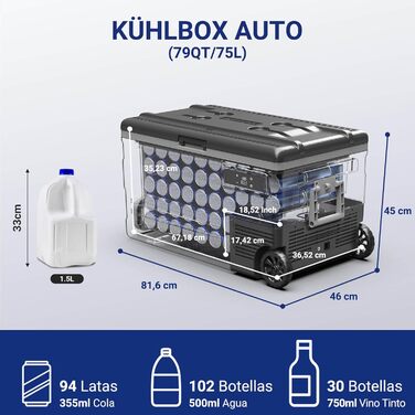 Компресор cool box 74L, cool box автомобільний з керуванням WiFi APP, компресор cool box 12/24 В і 100-240 В, cool box електричний до -20 C для автомобіля, вантажівки, човна, будинку на колесах, кемпінгу 74L чорний