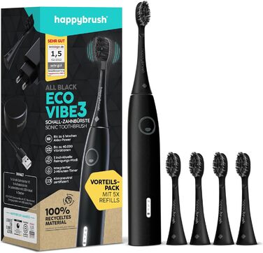 Електрична звукова зубна щітка happybrush Eco VIBE 3 - Екологічна зубна щітка з 6-тижневою батареєю, включаючи 4 щітки - AllBlack