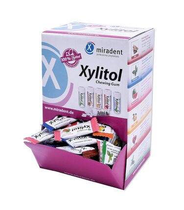 Жувальна гумка miradent Xylitol Об'ємна коробка 200 шт. веганська жувальна гумка з ксилітом Жувальна гумка для догляду за зубами для дітей та дорослих без аспартаму, сорбіту, лактози, діоксиду титану Профілактика карієсу без цукру